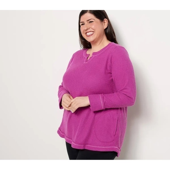 LOGO Lounge by Lori Goldstein Cloud Waffle Split Neck Top purple NWOT size XL - Picture 1 of 13